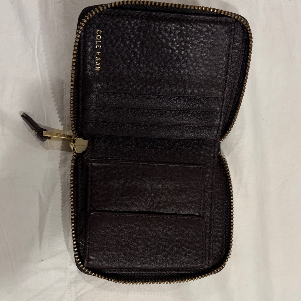 Cole Haan Dark Brown Pebbled Leather Zip Wallet with Gold Hardware
